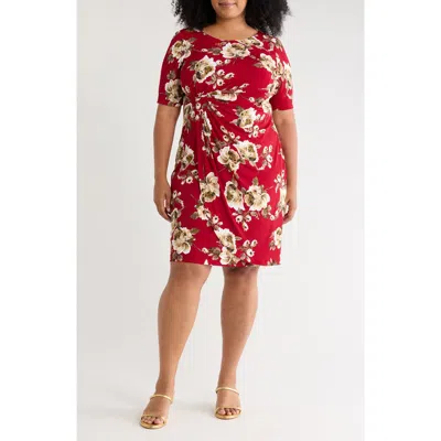 Connected Apparel Mock Wrap Knit Dress In Crimson