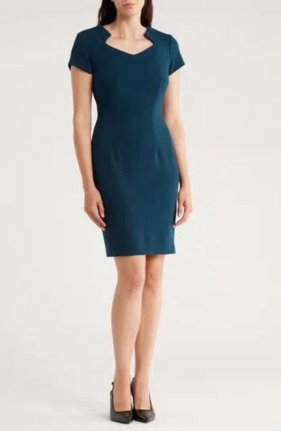 Connected Apparel Notched Neck Cap Sleeve Crepe Sheath Dress In Blue
