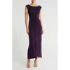 Connected Apparel Novelty Bodice Mock Wrap Dress In Aubergine