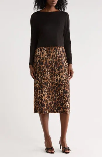 Connected Apparel Overlay Mixed Media Long Sleeve Dress In Brown