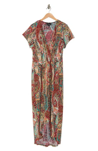 Connected Apparel Paisley High-low Faux Wrap Dress In Orange Multi