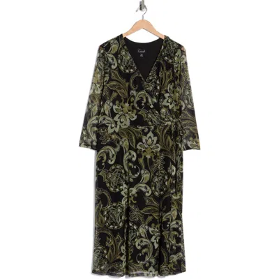 Connected Apparel Paisley Mesh Faux Wrap Midi Dress In Green