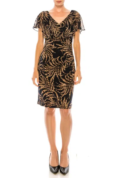 Connected Apparel Palm Chiffon Cape Short Dress In Black/gold In Brown