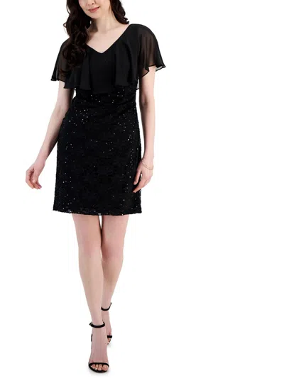 Connected Apparel Petites Womens Chiffon Overlay Lace Sheath Dress In Black