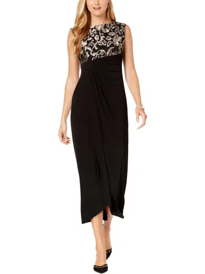 Connected Apparel Petites Womens Faux-wrap Embroidered Evening Dress In Black