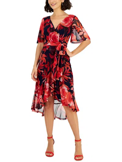 Connected Apparel Petites Womens Floral Mesh Wear To Work Dress In Red