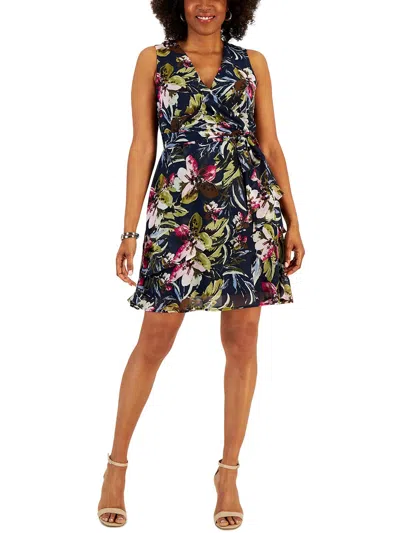 Connected Apparel Petites Womens Floral Print Above Knee Fit & Flare Dress In Blue