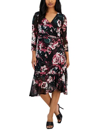 Connected Apparel Petites Womens Floral Print Mesh Wrap Dress In Black
