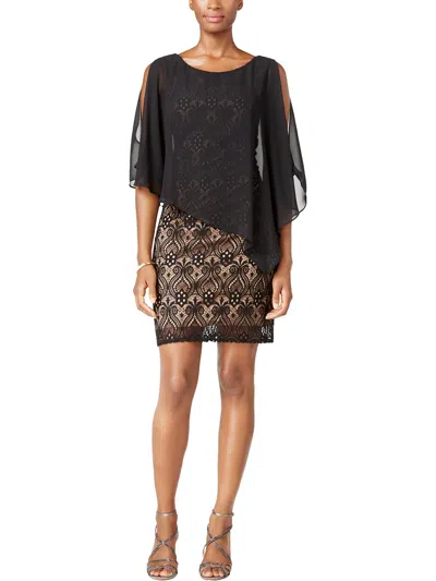 Connected Apparel Petites Womens Lace Mixed Media Capelet Dress In Black