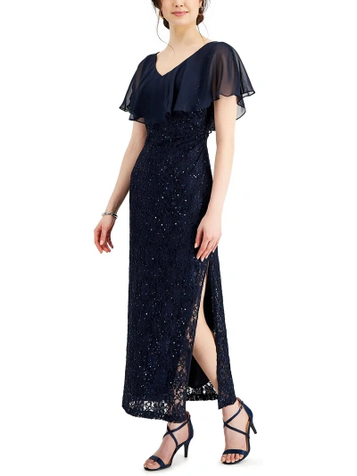 Connected Apparel Petites Womens Lace Overlay Sequined Evening Dress In Blue