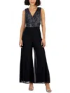 Connected Apparel Petites Womens Metallic Jumpsuit In Black.silver