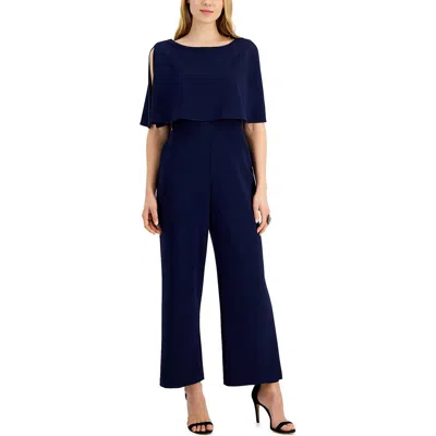 Connected Apparel Petites Womens Popover Wide Leg Jumpsuit In Blue
