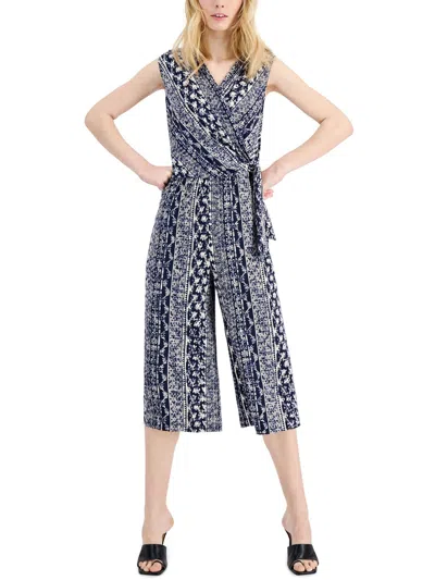 Connected Apparel Petites Womens Printed Faux Wrap Jumpsuit In Blue