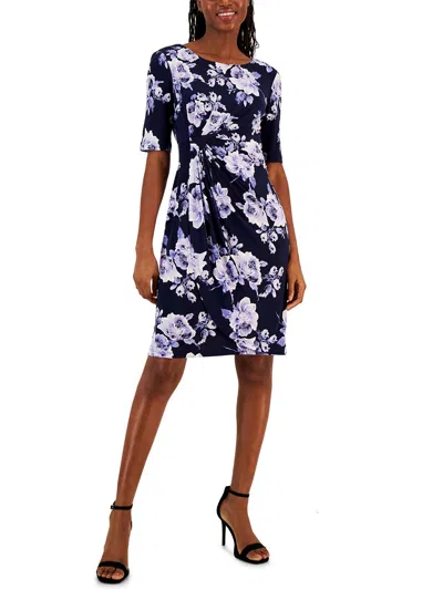 Connected Apparel Petites Womens Ruched Elbow Sleeve Sheath Dress In Blue