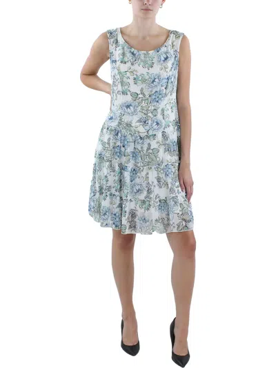 Connected Apparel Petites Womens Tiered Chiffon Fit & Flare Dress In White