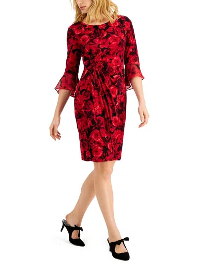 Connected Apparel Petites Womens Wedding Guest Floral Print Fit & Flare Dress In Red