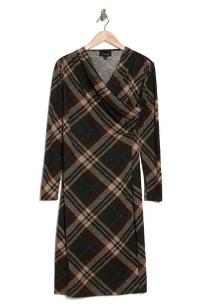 Connected Apparel Plaid Long Sleeve Dress In Olive