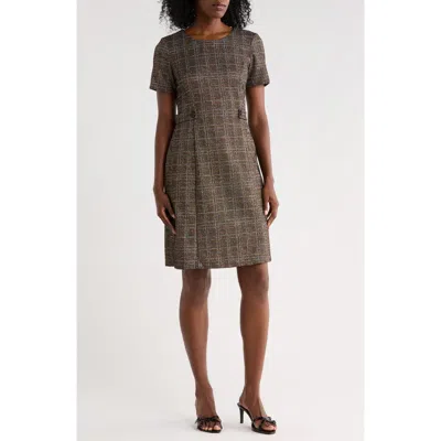 Connected Apparel Plaid Short Sleeve Bouclé A-line Dress In Brown