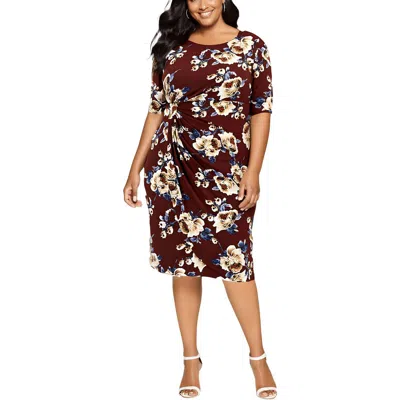 Connected Apparel Plus Womens Floral Knee-length Sheath Dress In Burgundy