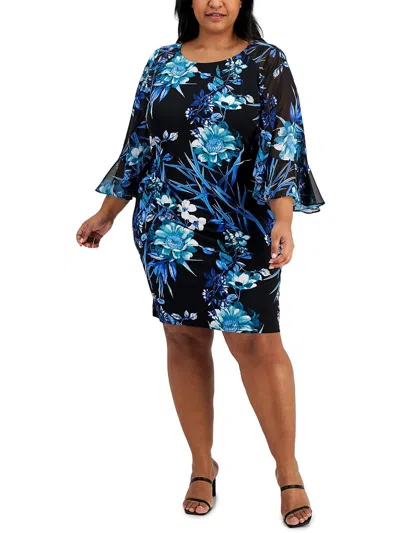 Connected Apparel Plus Womens Floral Print Angel Sleeve Party Dress In Black