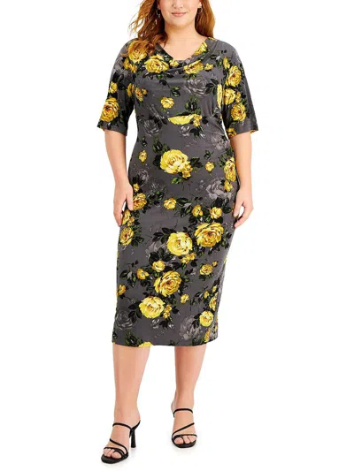 Connected Apparel Plus Womens Floral Print Mid Calf Midi Dress In Gray