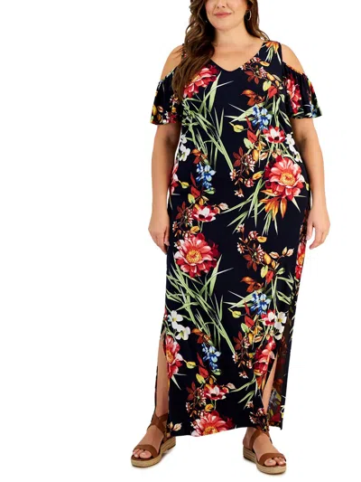 Connected Apparel Plus Womens Floral Print Polyester Maxi Dress In Blue