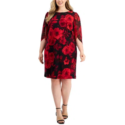 Connected Apparel Plus Womens Floral Print Polyester Midi Dress In Red