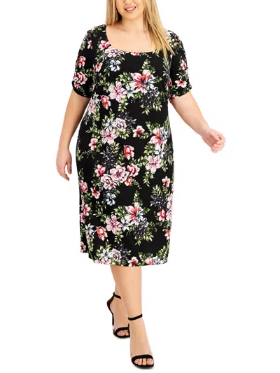 Connected Apparel Plus Womens Floral Scoop Neck Midi Dress In Black