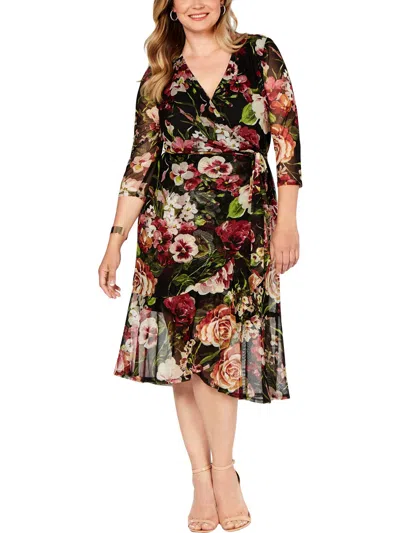 Connected Apparel Plus Womens Mesh Floral Print Wrap Dress In Multi