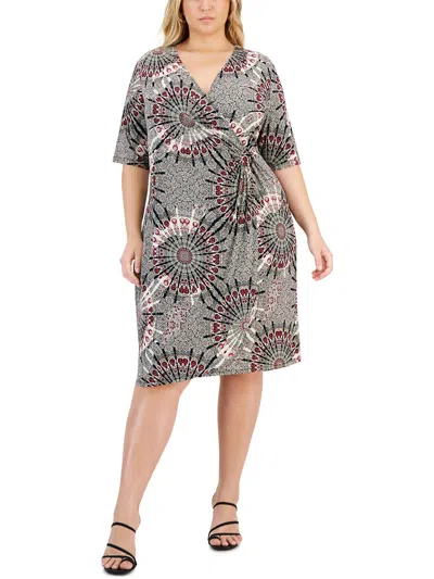 Connected Apparel Plus Womens Midi Short Sleeve Wrap Dress In Multi