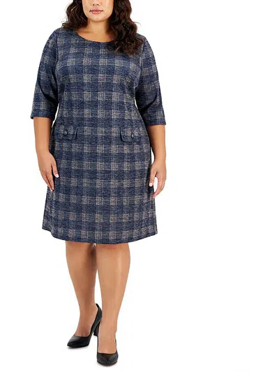 Connected Apparel Plus Womens Round Neck Midi Shift Dress In Blue