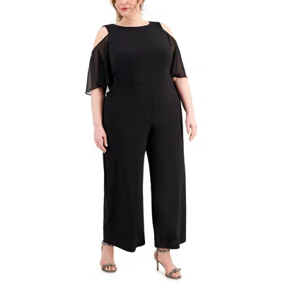 Connected Apparel Plus Womens Wide Leg Cold Shoulder Jumpsuit In Black
