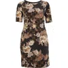 Connected Apparel Print Shirred Dress In Brown