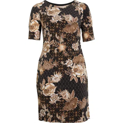 Connected Apparel Print Shirred Dress In Brown