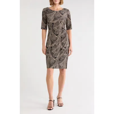 Connected Apparel Printed Shirred Midi Dress In Brown