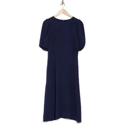 Connected Apparel Puff Sleeve Midi Dress In Navy