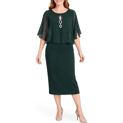 Connected Apparel Rhinestone Bodice Dress With Chiffon Cape In Green