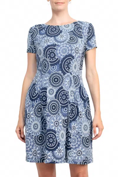 Connected Apparel Round Neck Pleated Puff Print Fit & Flare Jersey Dress In Denim In Blue