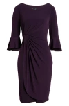 Connected Apparel Ruched Bell Sleeve Faux Wrap Cocktail Dress In Aubergine