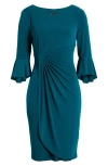 Connected Apparel Ruched Bell Sleeve Faux Wrap Cocktail Dress In Spruce