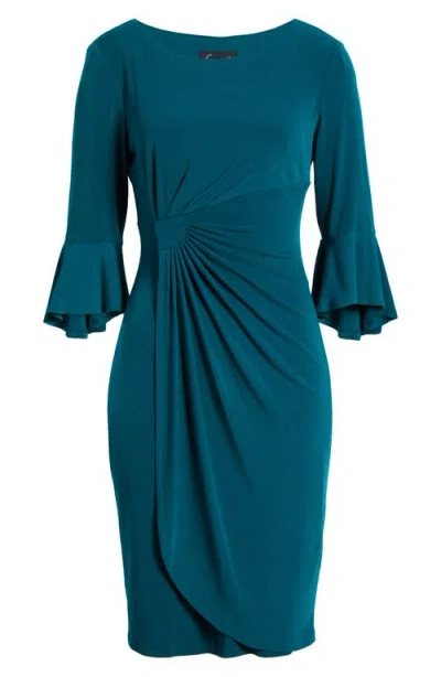 Connected Apparel Ruched Bell Sleeve Faux Wrap Cocktail Dress In Spruce