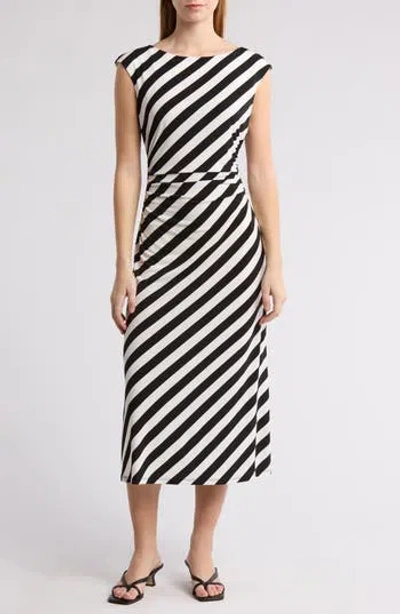 Connected Apparel Ruched Midi Dress In Black/ivory