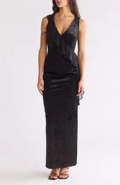 Connected Apparel Ruffle Neck V-neck Velvet Dress In Black