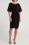 Connected Apparel Gathered Bell Sleeve Faux Wrap Dress In Black