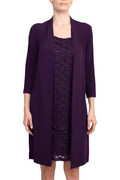 Connected Apparel Scoop Neckline 3/4 Sleeves Short Metallic Knit Dress In Aubergine In Purple