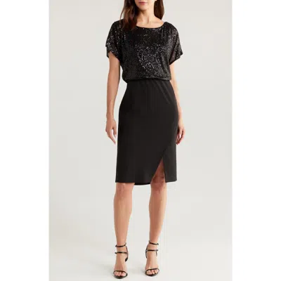 Connected Apparel Sequin Dolman Sleeve Boat Neck Dress In Black