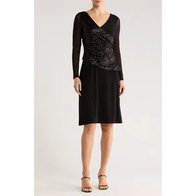 Connected Apparel Sequin Drape Detail Long Sleeve Dress In Black