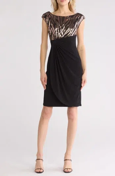 Connected Apparel Sequin Faux Wrap Dress In Black/gold