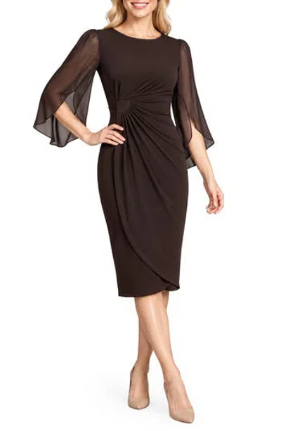 Connected Apparel Sheer Sleeve Dress In Brown