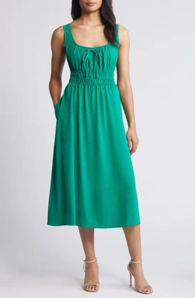 Connected Apparel Shirred Waist Midi Dress In Green